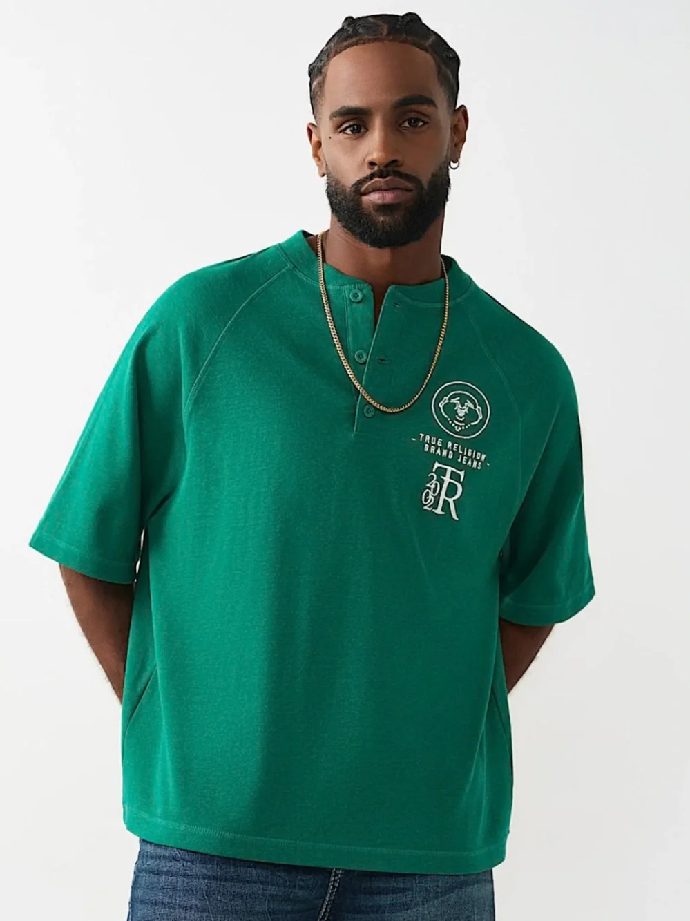 True Religion Raglan Oversized Henley Tee in Ultra Marine Green Size L ~ NWT